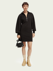 Zipped neck sweat dress with puffed sleeves