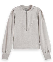 Zipped neck puffed sleeved sweater