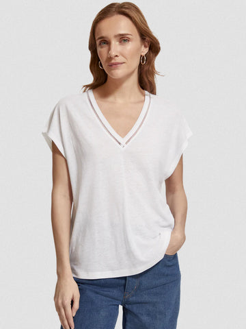 V-NECK LADDER DETAIL LOOSE FIT T-SHIRT