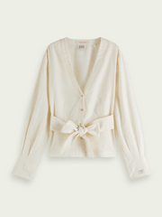 V-neck belted Linen-blend shirt
