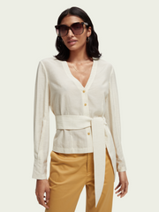 V-neck belted Linen-blend shirt