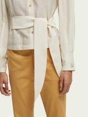 V-neck belted Linen-blend shirt