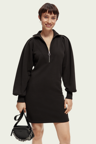 Zipped neck sweat dress with puffed sleeves