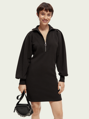 Zipped neck sweat dress with puffed sleeves